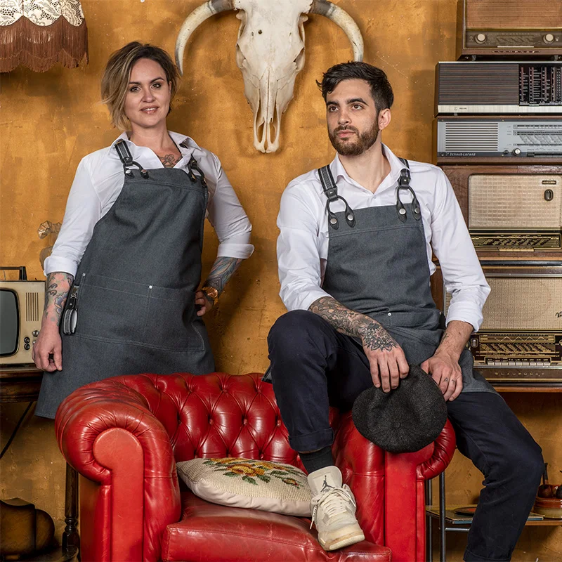 4180 Denim schort met luxe X bretels M met handdoeklus