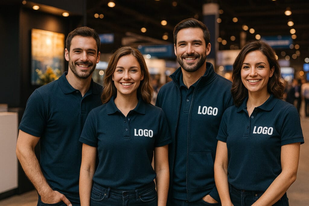 Team van vier personen in bedrukte promotiekleding tijdens een evenement