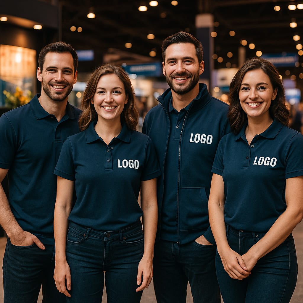 Vier medewerkers in bedrukte promotiekleding op een beursstand