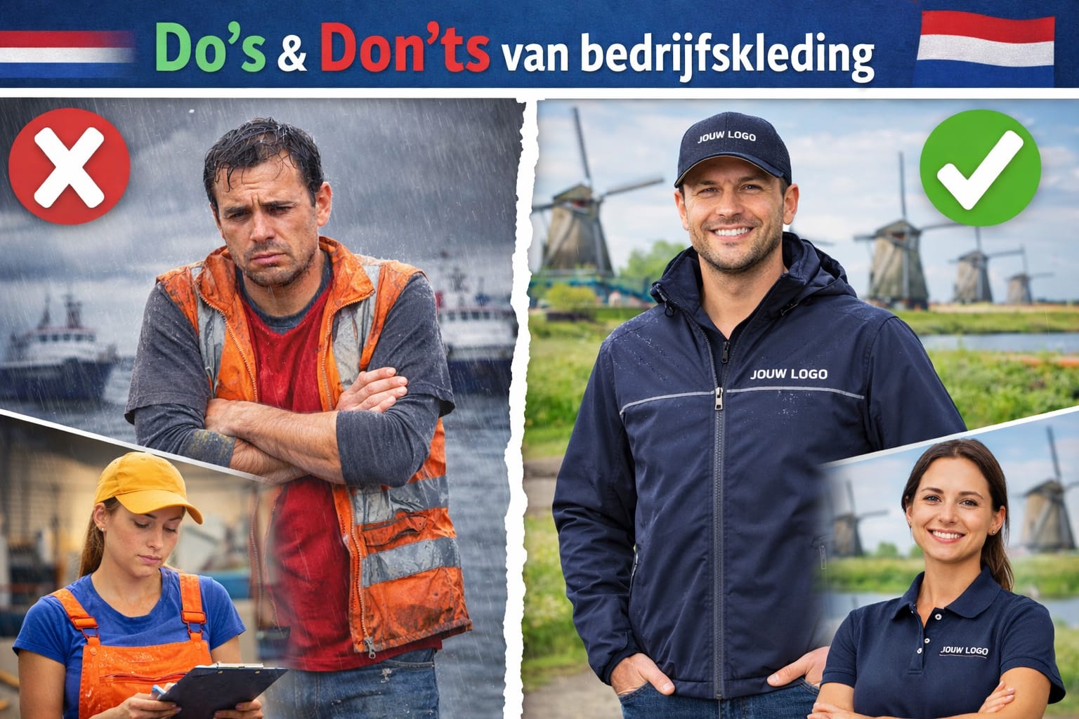 Do’s & Don’ts van bedrijfskleding – laat jouw team het verschil maken Voorbeeld van do's en don'ts bij bedrijfskleding met Nederlandse uitstraling – links slecht passende en natte werkkleding, rechts professioneel team in bedrukte kleding voor buitenwerk