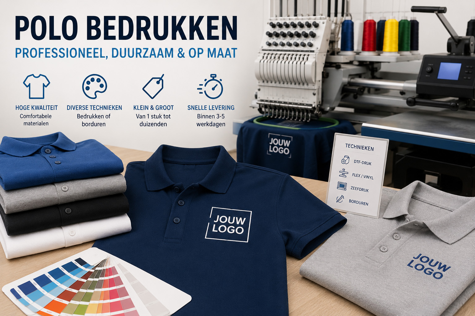Overzicht van bedrukte polo's met logo, druktechnieken en materialen voor bedrijfskleding