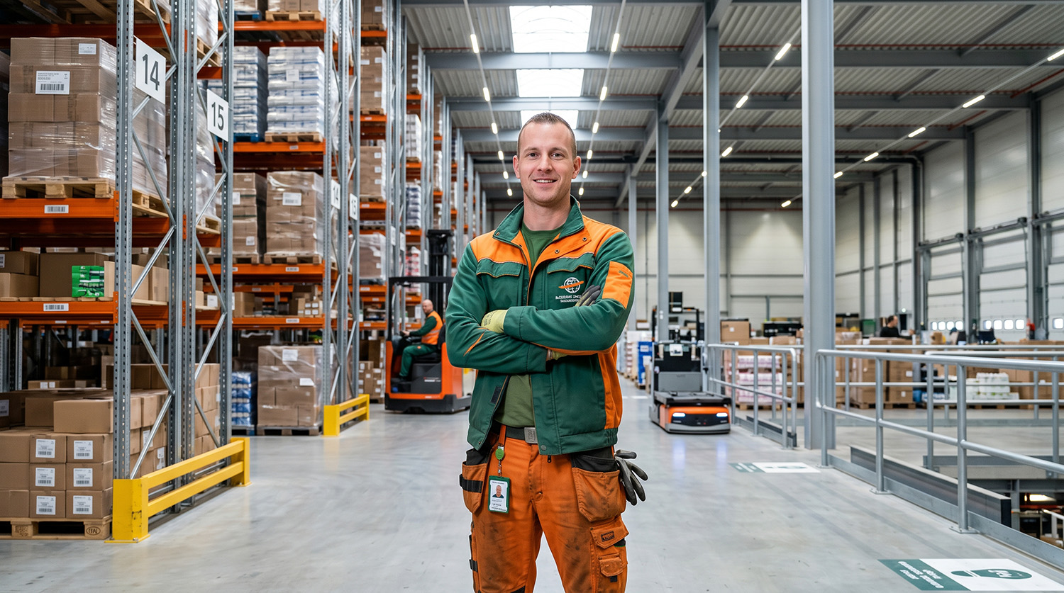 Logistiek medewerker in professionele bedrijfskleding in een modern distributiecentrum