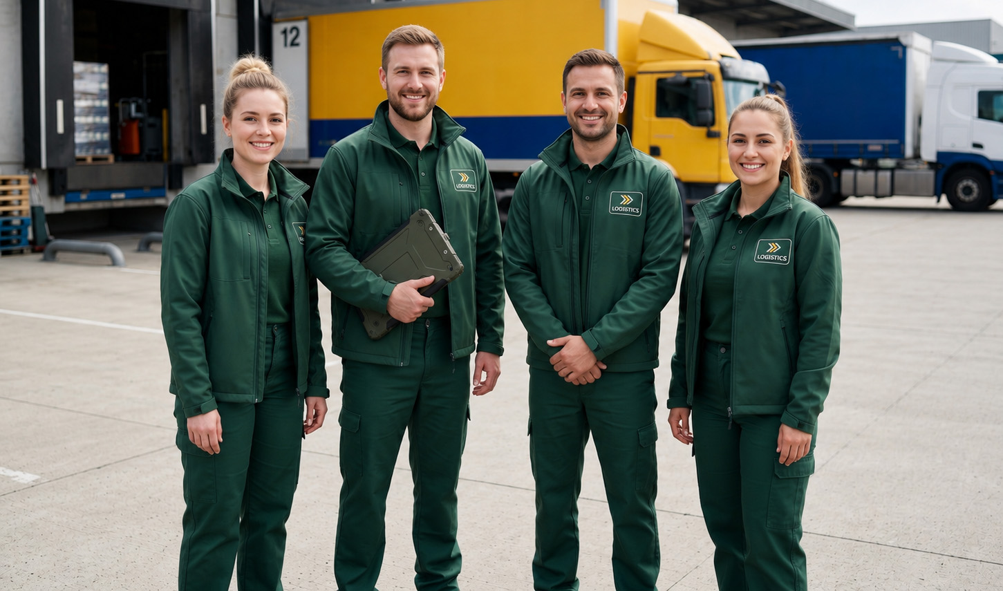 Logistiek team in bedrijfskleding bij distributiecentrum Logistiek team in professionele bedrijfskleding voor een distributiecentrum en laadperron