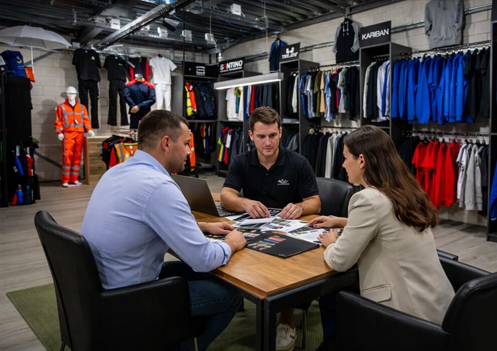Klantgesprek in de showroom van Promokledinghuis in Veldhoven